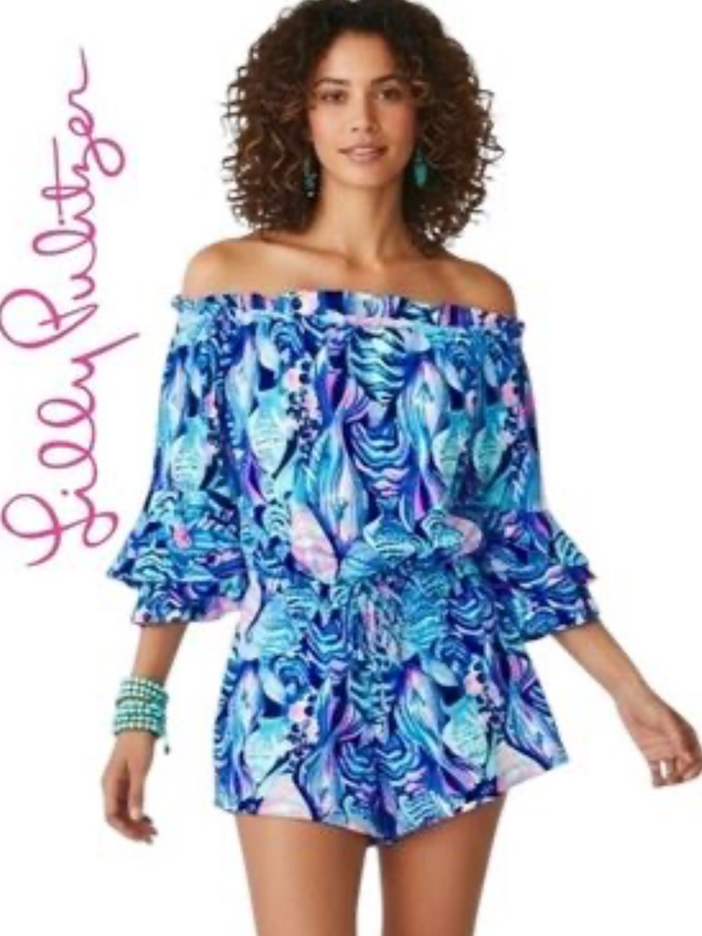 Lilly Pulitzer Calla Off-Shoulder Romper Pink Blue Tropical Print Size XL